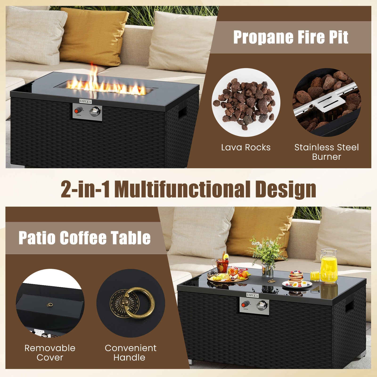 2-Piece outdoor rattan fire table set with 32in gas fire pit lava rocks burner PatioJoy on Tampa Home & Garden Store