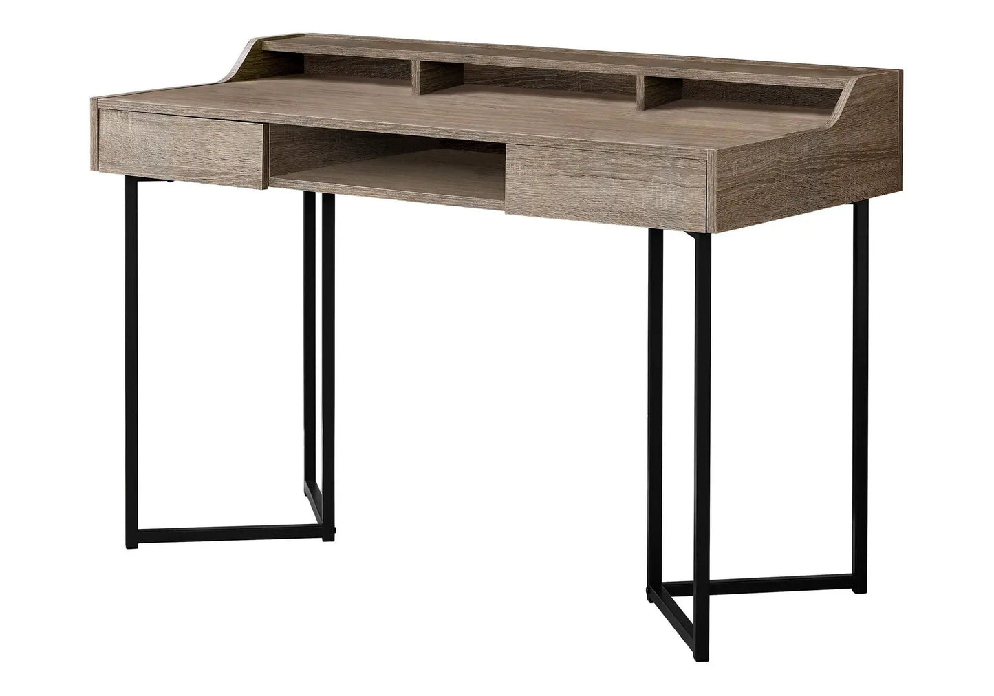 Computer desk with two drawers, open shelf, cubby storage, oak finish, black metal legs on Tampa Home & Garden Store