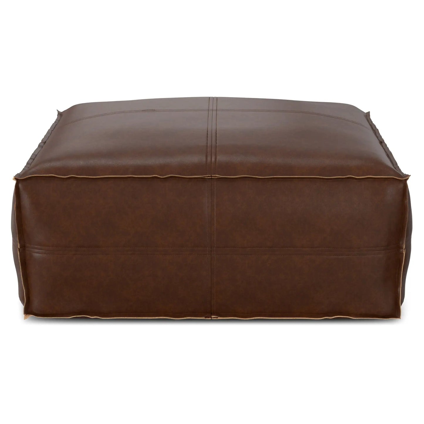 Brody large square coffee table pouf in brown leather with double stitched seams on top on Tampa Home & Garden Store