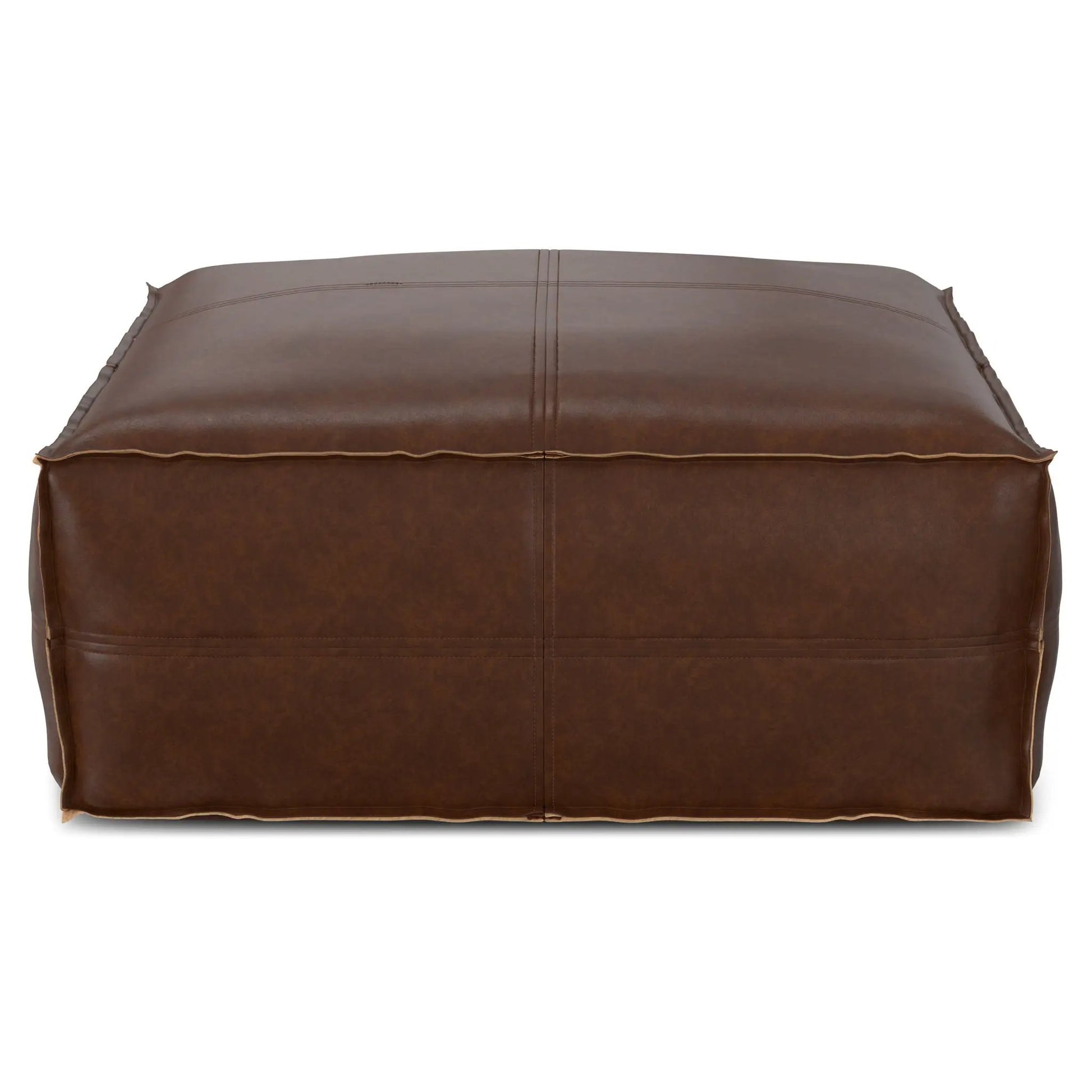 Brody large square coffee table pouf in brown leather with double stitched seams on top on Tampa Home & Garden Store