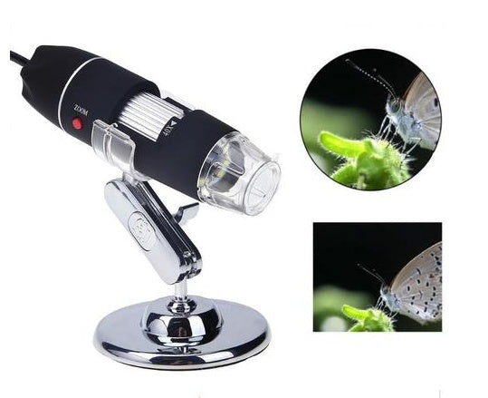 Portable USB microscope with 8 LED magnifier, black body, chrome stand, 1000x camera on Tampa Home & Garden Store