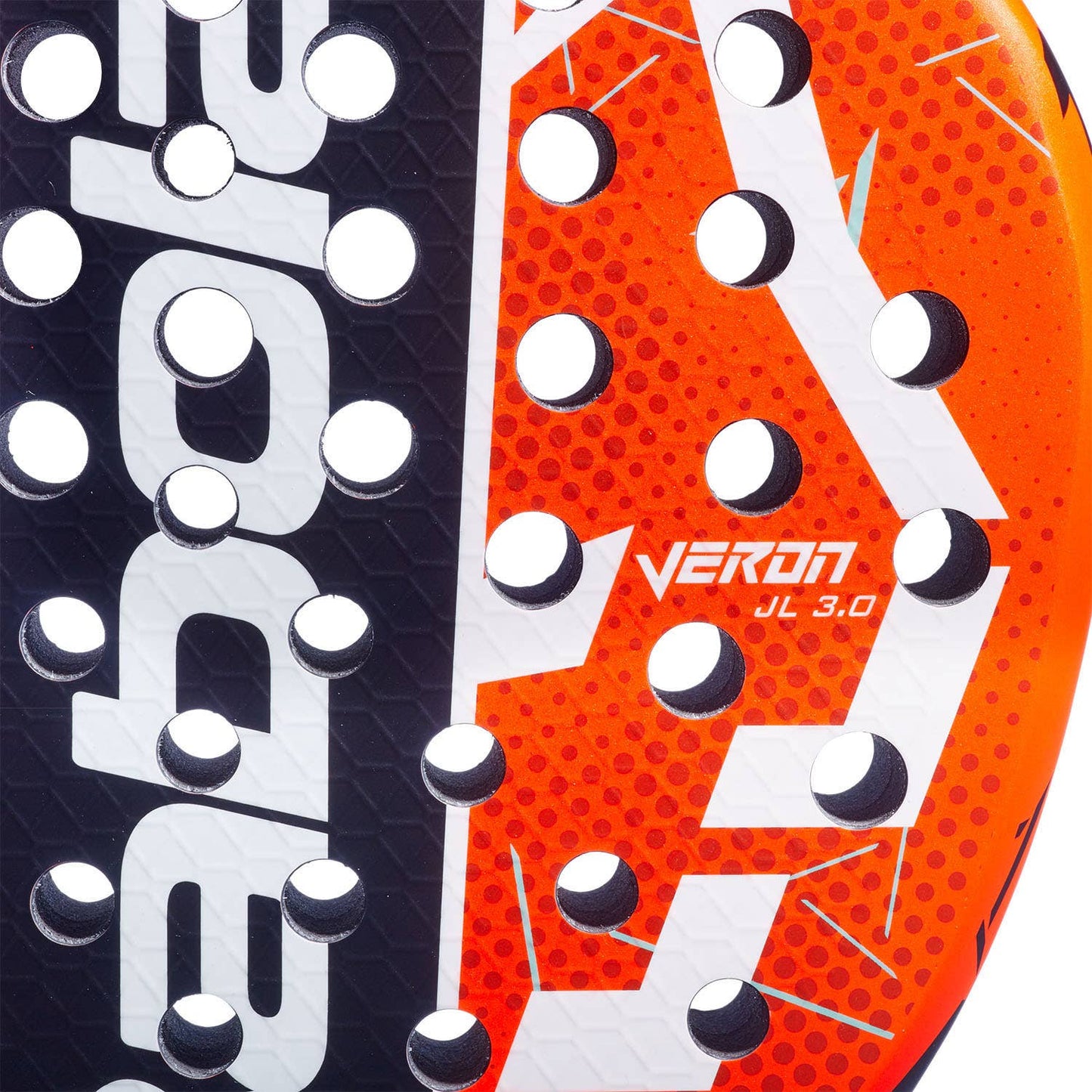 Babolat Veron JL 3.0 Padel Racket close-up black/orange paneling with white dotted holes on Tampa Home & Garden Store