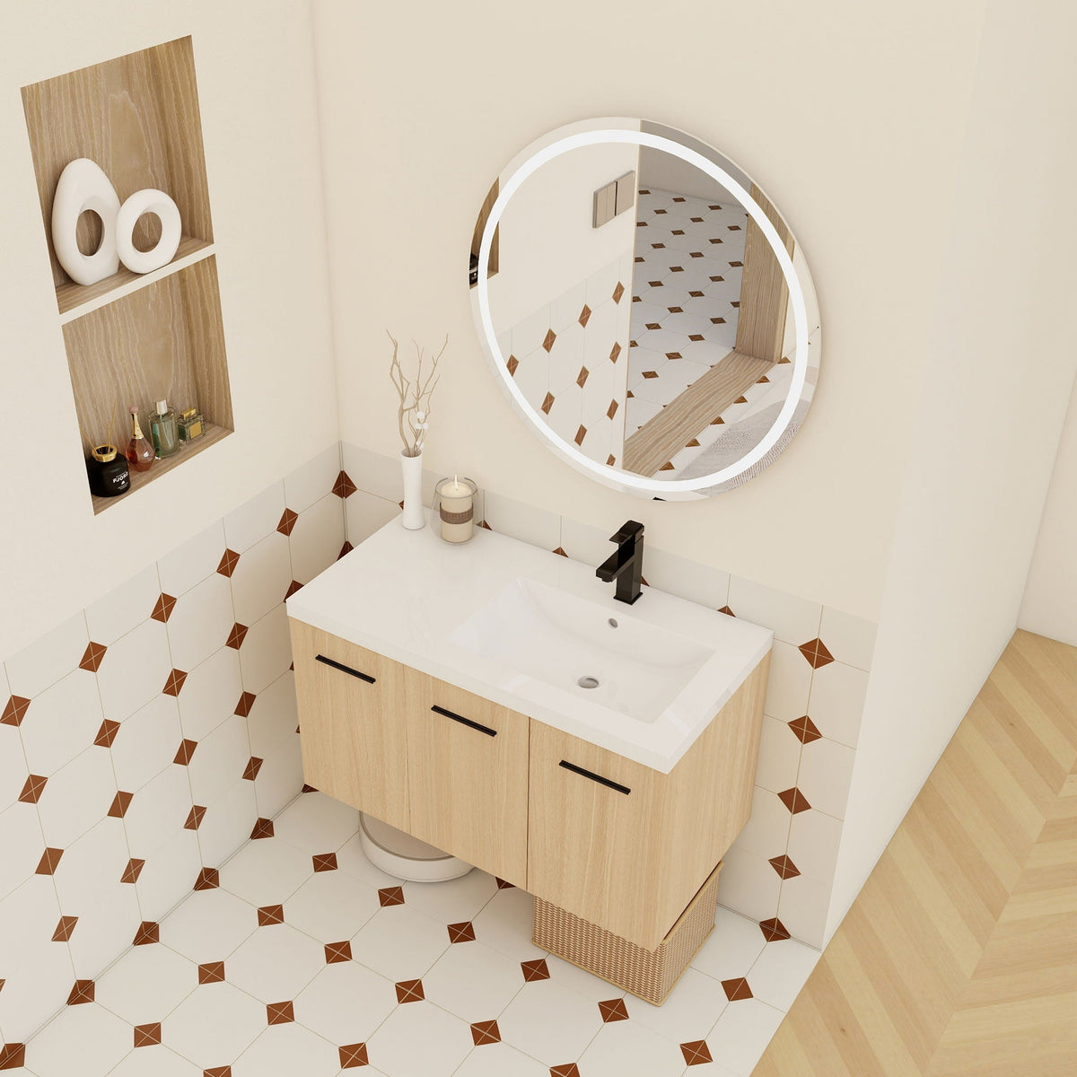 Wall-mounted bathroom vanity by HouseOfZazla light brown 3-door cabinet with white top LED mirror on Tampa Home & Garden Store