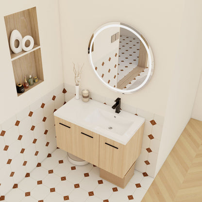 Wall-mounted bathroom vanity by HouseOfZazla light brown 3-door cabinet with white top LED mirror on Tampa Home & Garden Store