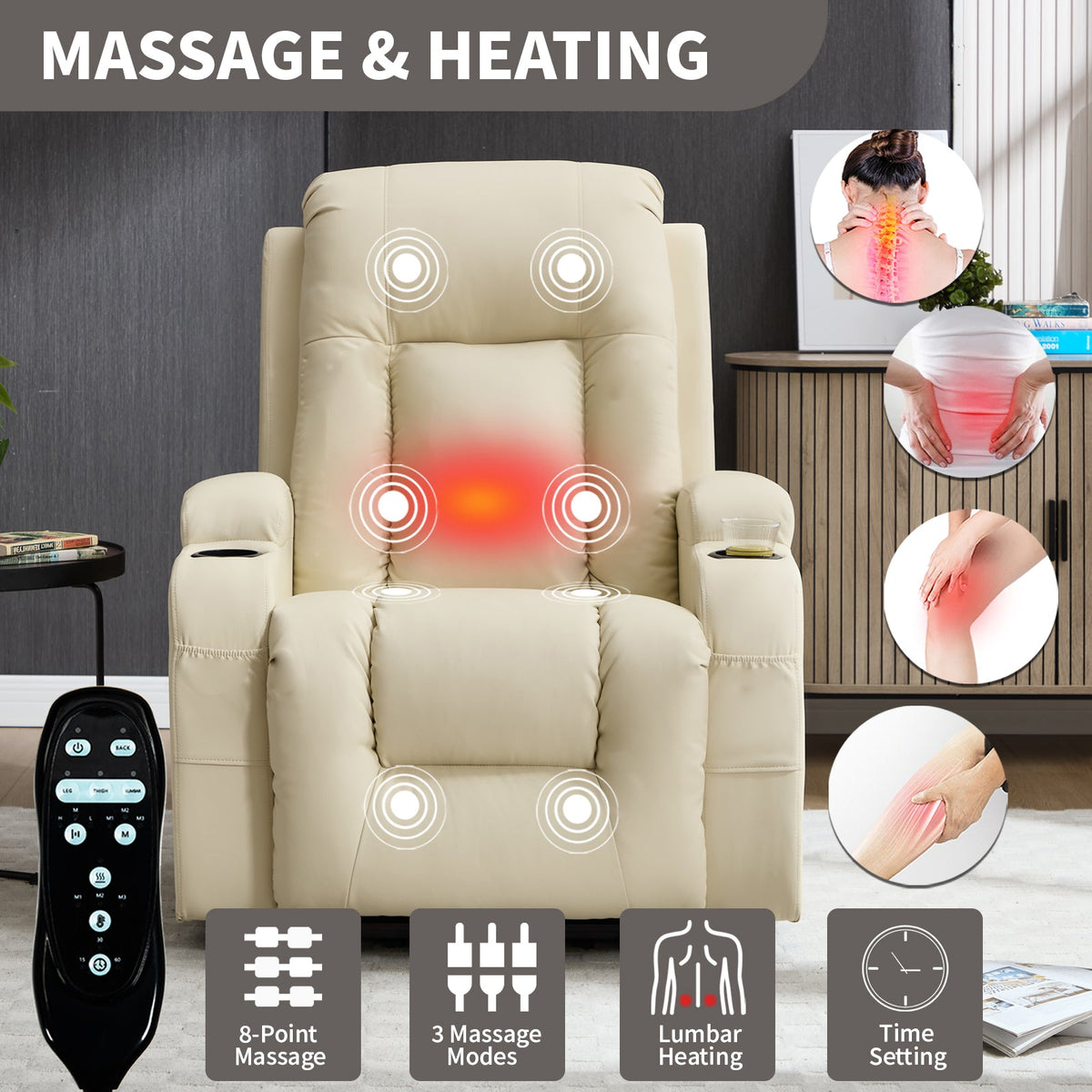 Beige PU Infinite Position Power Lift Recliner Chair by HouseOfZazla with lumbar heating on Tampa Home & Garden Store