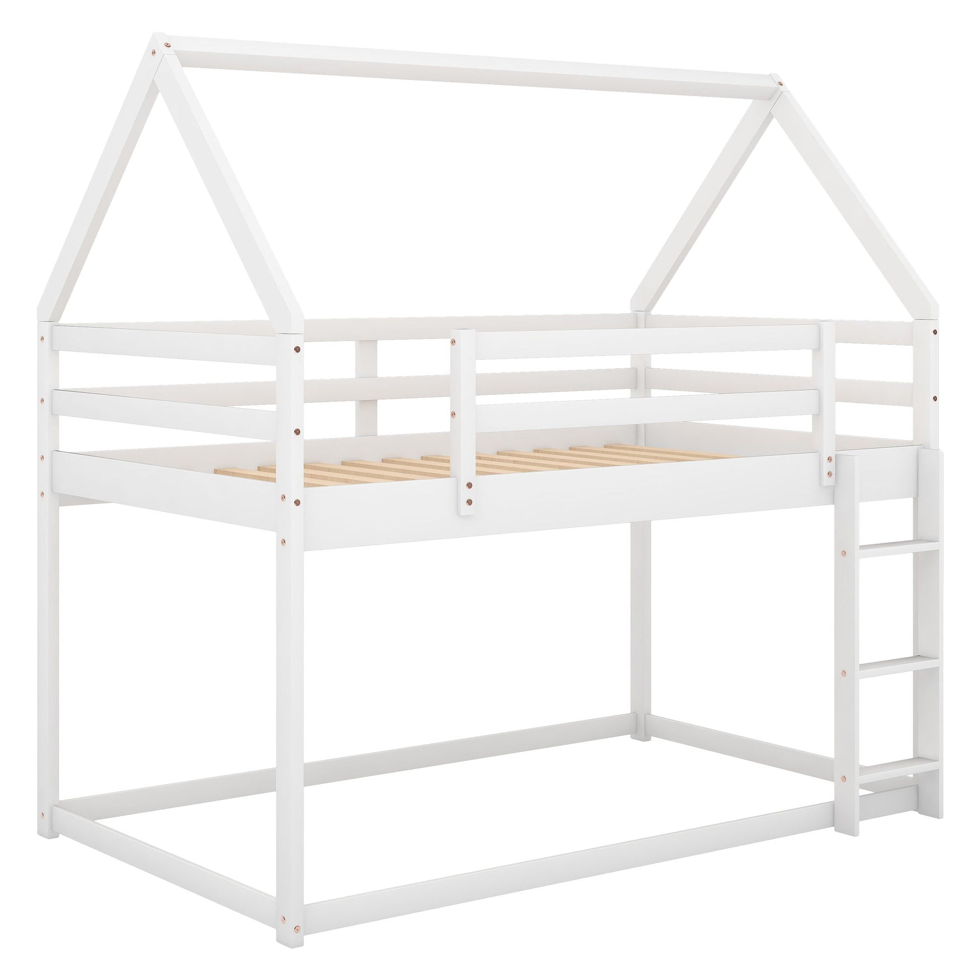 Low bunk bed with house-shaped frame and ladder in white finish, HouseOfZazla bunk bed on Tampa Home & Garden Store
