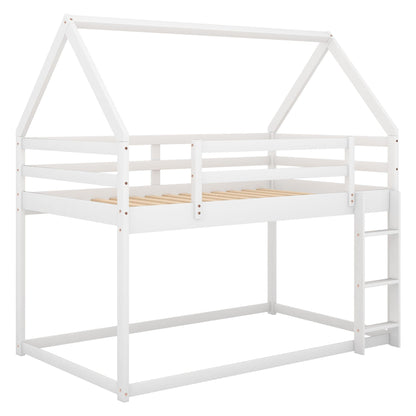 Low bunk bed with house-shaped frame and ladder in white finish, HouseOfZazla bunk bed on Tampa Home & Garden Store