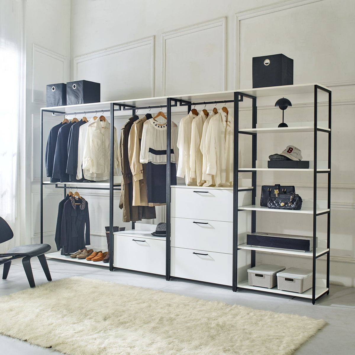 White Walk In Closet with Adjustable Shelves; triple wardrobe system with black metal frame on Tampa Home & Garden Store
