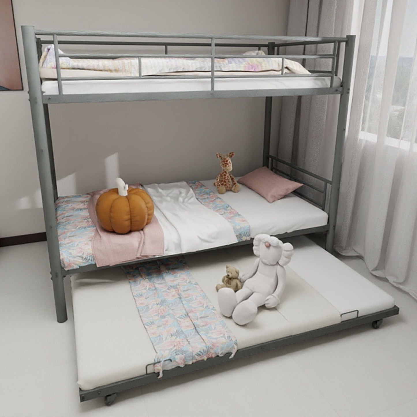 HouseOfZazla bunk bed for kids, gray metal 2-tier frame with ladders and guardrails on Tampa Home & Garden Store