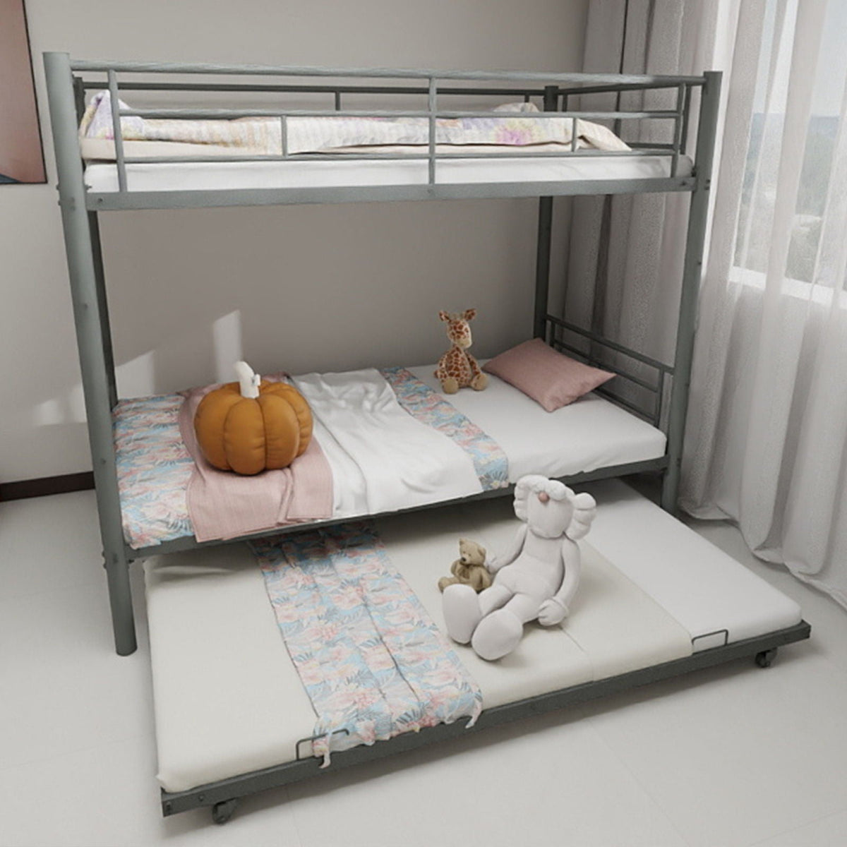 HouseOfZazla bunk bed for kids, gray metal 2-tier frame with ladders and guardrails on Tampa Home & Garden Store