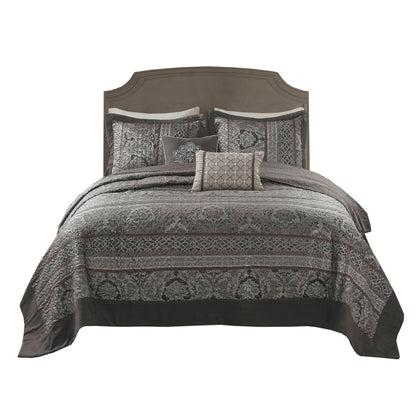 Queen bedspread set with reversible jacquard pattern and decorative pillows in neutral tones on Tampa Home & Garden Store