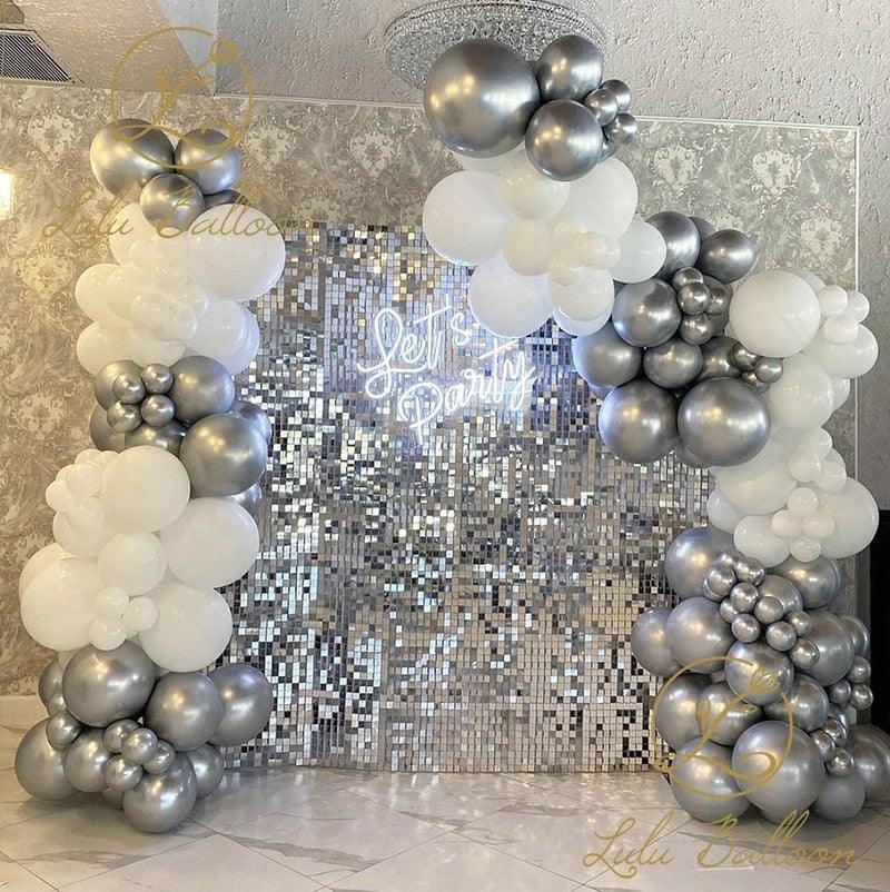 Balloon arch kit by Stevvex, 122pc white silver latex balloons with party sign and sequin backdrop on Tampa Home & Garden Store