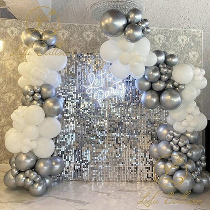 Balloon arch kit by Stevvex, 122pc white silver latex balloons with party sign and sequin backdrop on Tampa Home & Garden Store