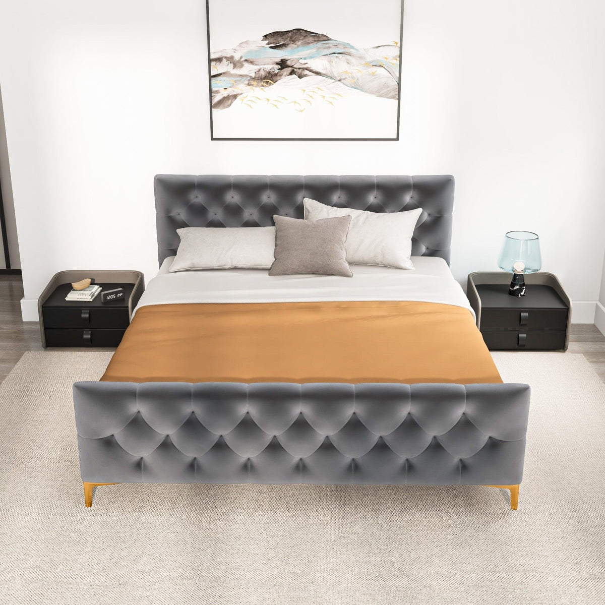 Elegant Design Upholstered Bed dark gray with solid wood frame by HouseOfZazla tufted headboard on Tampa Home & Garden Store