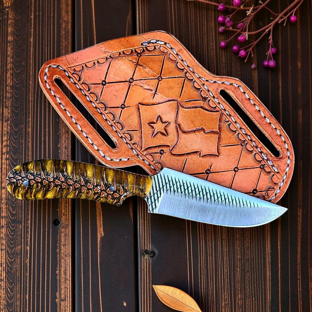 Knife The Golden Spur rasp steel with golden epoxy pine cone resin handle and leather sheath on Tampa Home & Garden Store