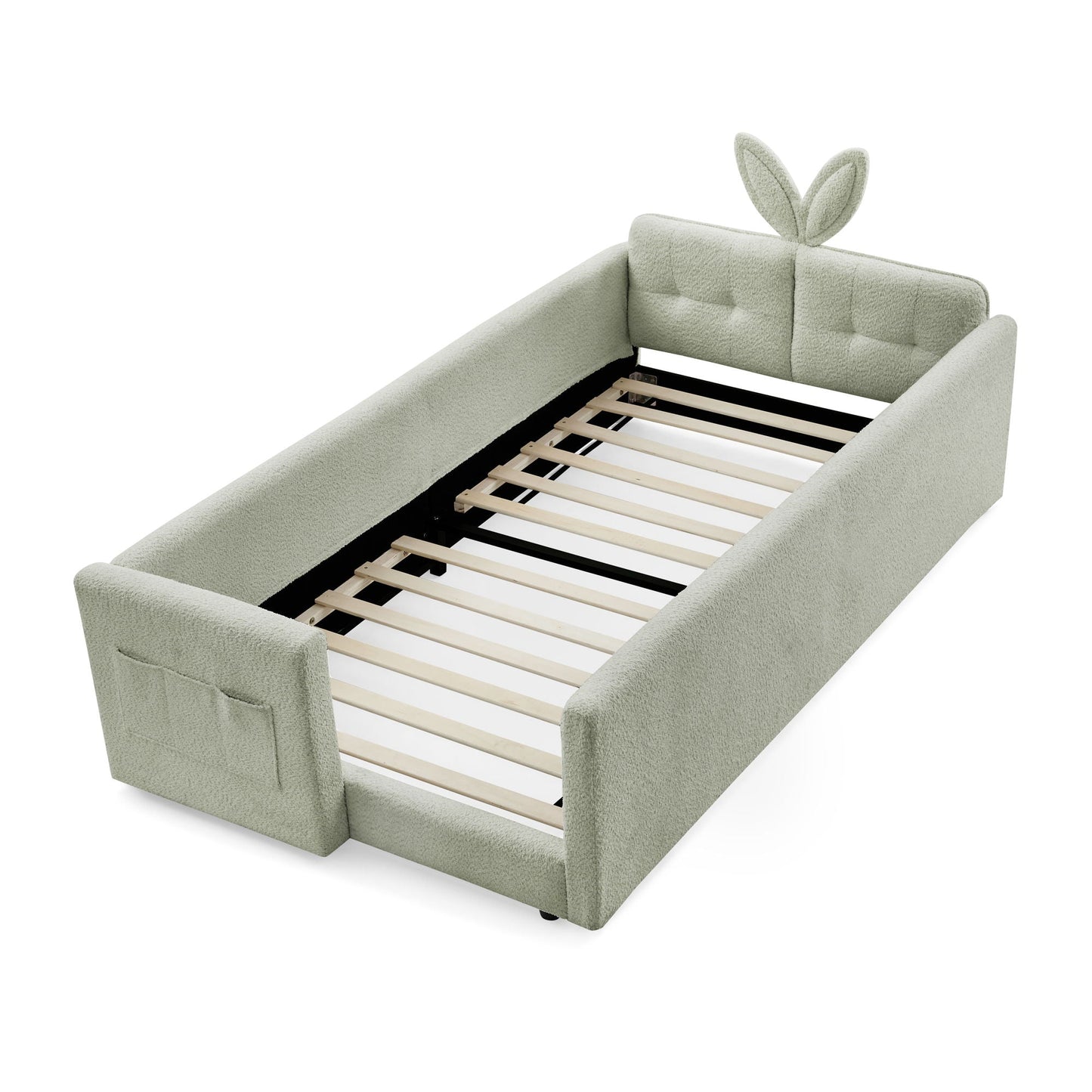 Upholstered platform bed frame with rabbit-ear headboard and safety rail in sage green fabric on Tampa Home & Garden Store