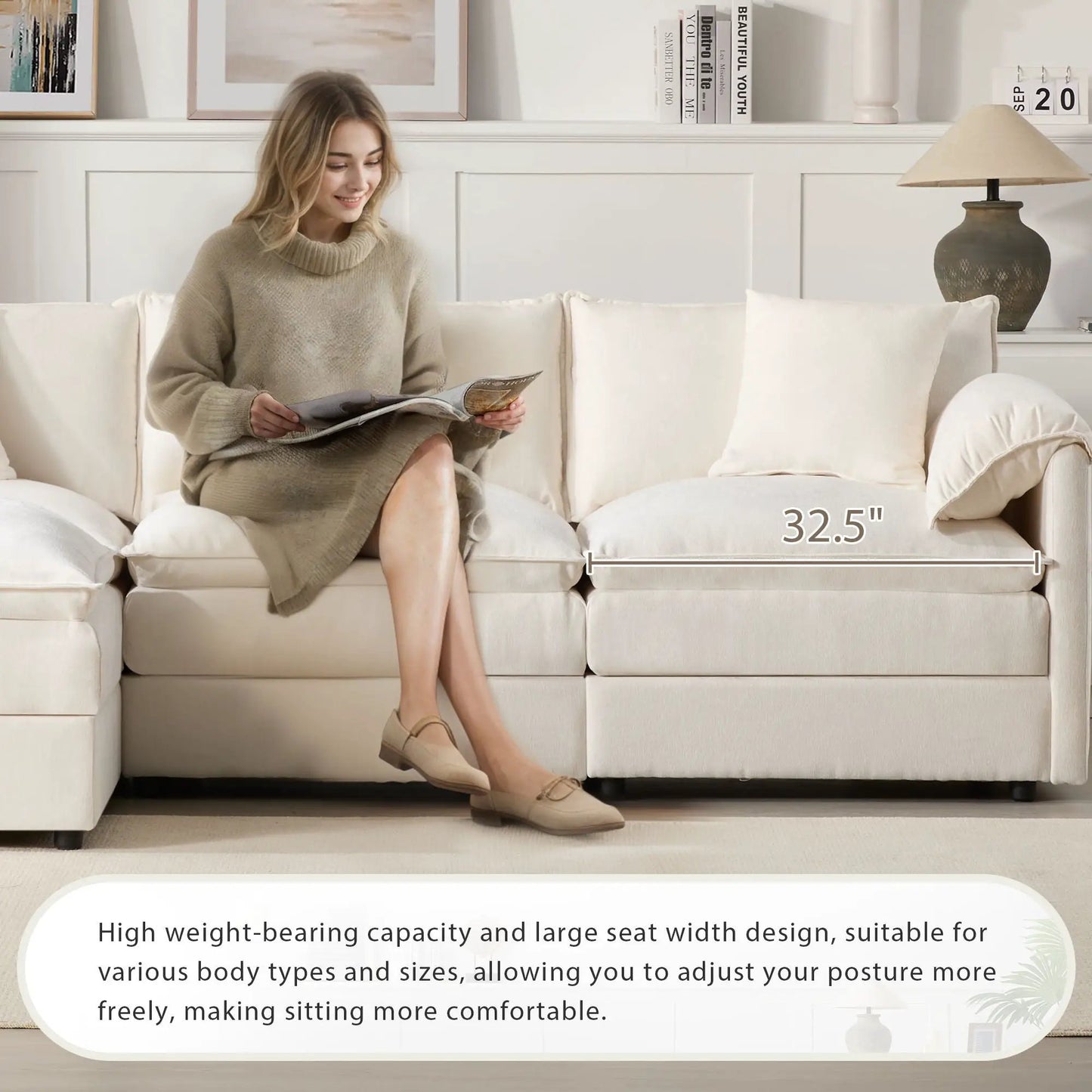 2-piece modular sectional sofa with movable ottoman in cream fabric on Tampa Home & Garden Store