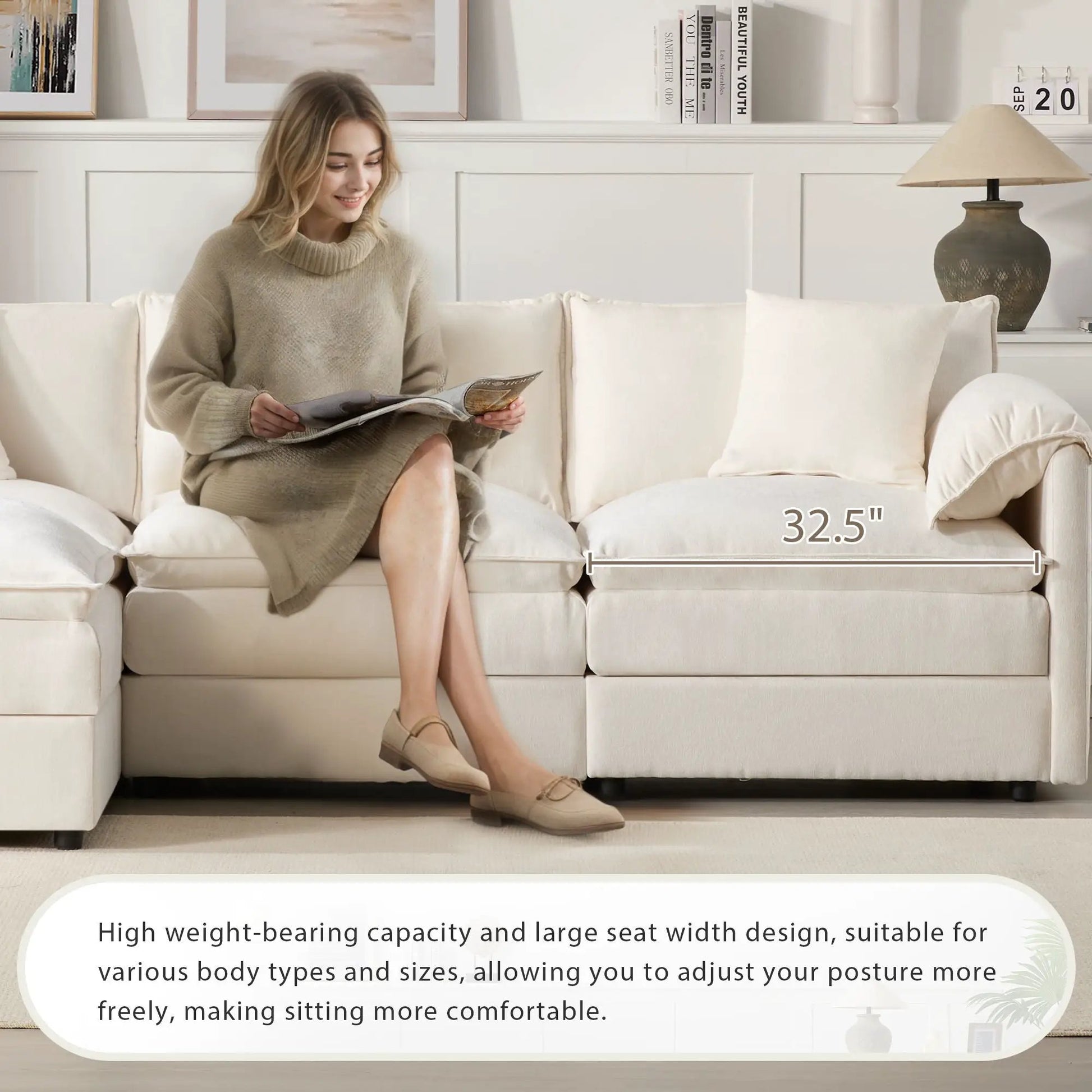 2-piece modular sectional sofa with movable ottoman in cream fabric on Tampa Home & Garden Store