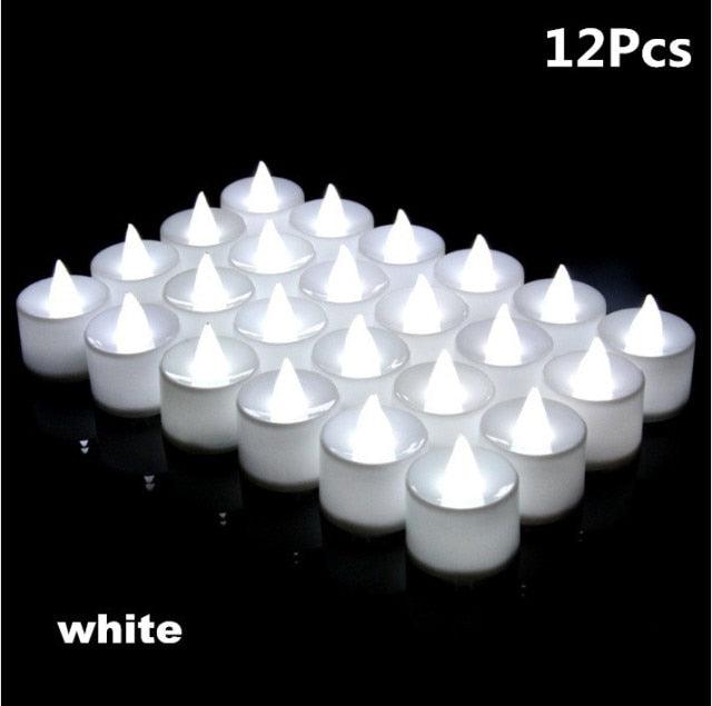 Flameless LED tea light candles, 12 Pcs white, battery-operated Stevvex wedding and party decor on Tampa Home & Garden Store