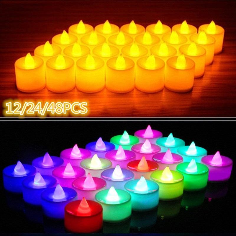 Stevvex flameless LED tea lights 12/24/48pcs, warm yellow and multicolor set for weddings on Tampa Home & Garden Store