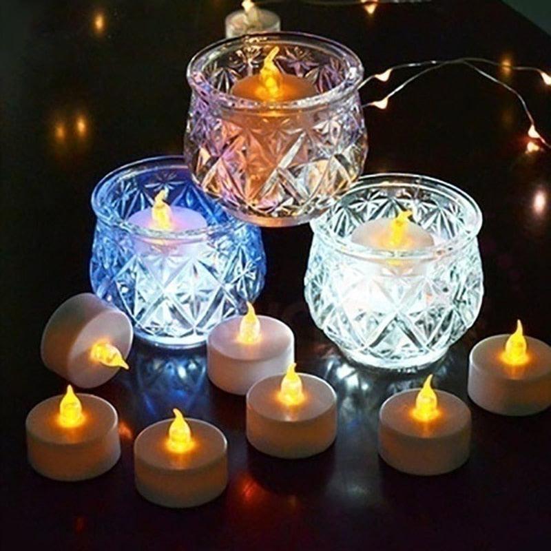Flameless LED tea lights with crystal glass holders, Stevvex, warm amber flicker, 12/24/48pcs on Tampa Home & Garden Store