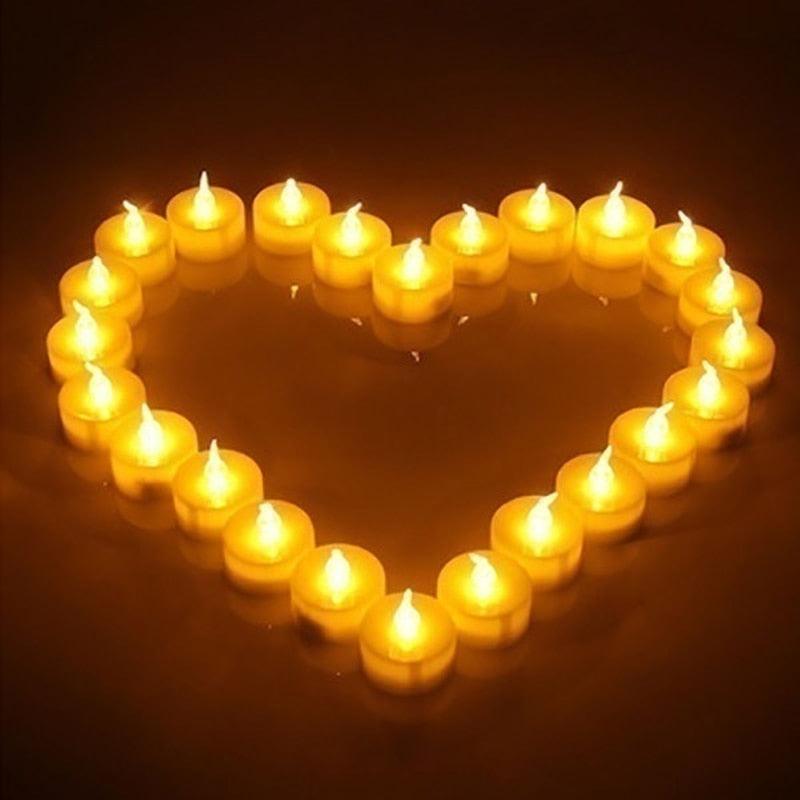 Flameless LED tea light candles 24pcs by Stevvex, warm flicker arranged in a heart shape on Tampa Home & Garden Store