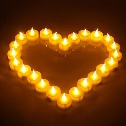 Flameless LED tea light candles 24pcs by Stevvex, warm flicker arranged in a heart shape on Tampa Home & Garden Store
