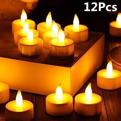 Flameless LED tea lights warm amber glow, 12 pcs Stevvex candles on Tampa Home & Garden Store