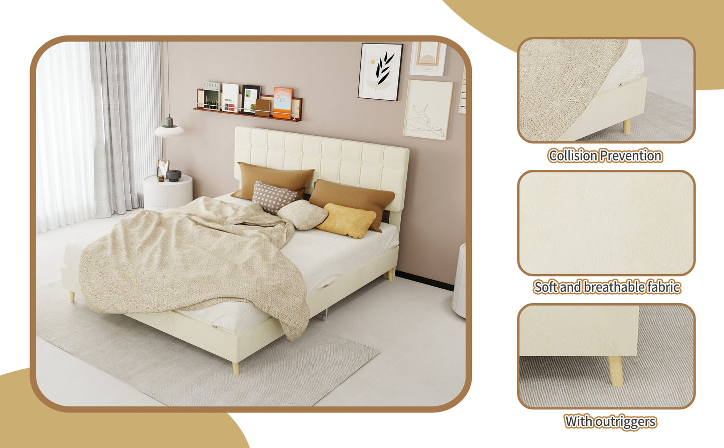 Modern Upholstered Bed Frame and Velvet Fabric