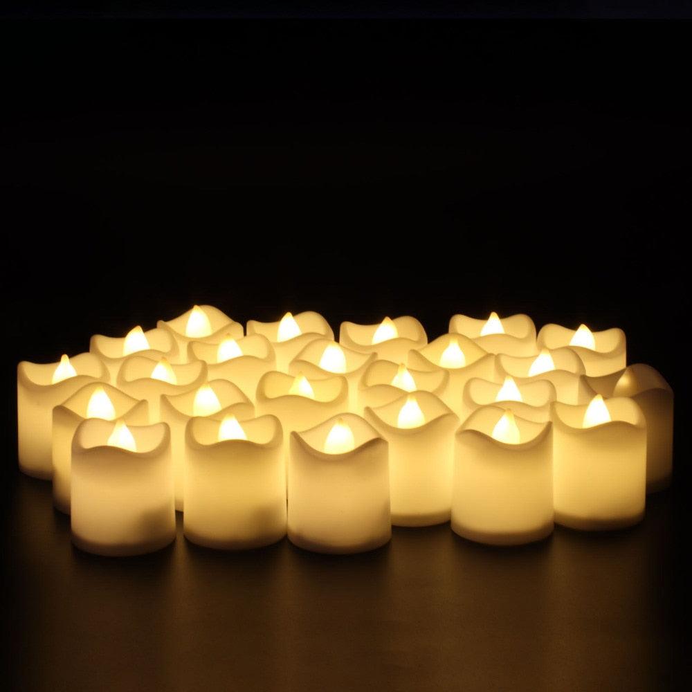 Stevvex 24-pack flameless LED tea lights with warm flicker, white wax shells on Tampa Home & Garden Store