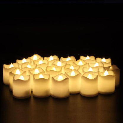 Stevvex 24-pack flameless LED tea lights with warm flicker, white wax shells on Tampa Home & Garden Store