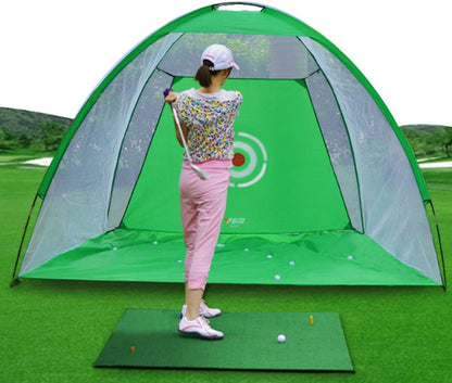 Golf practice net tent with green mesh walls; person practicing on outdoor grass mat on Tampa Home & Garden Store