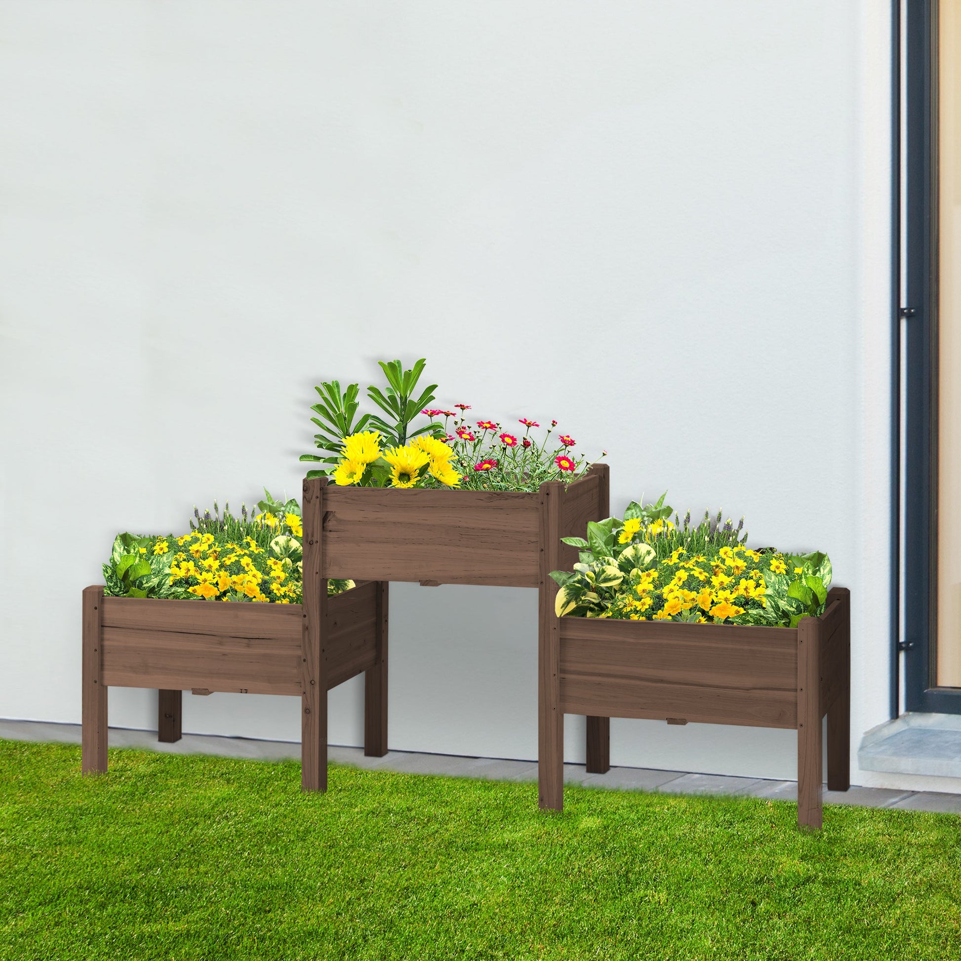 Outsunny raised garden bed with 3 wooden planters, brown finish, colorful flowers on Tampa Home & Garden Store