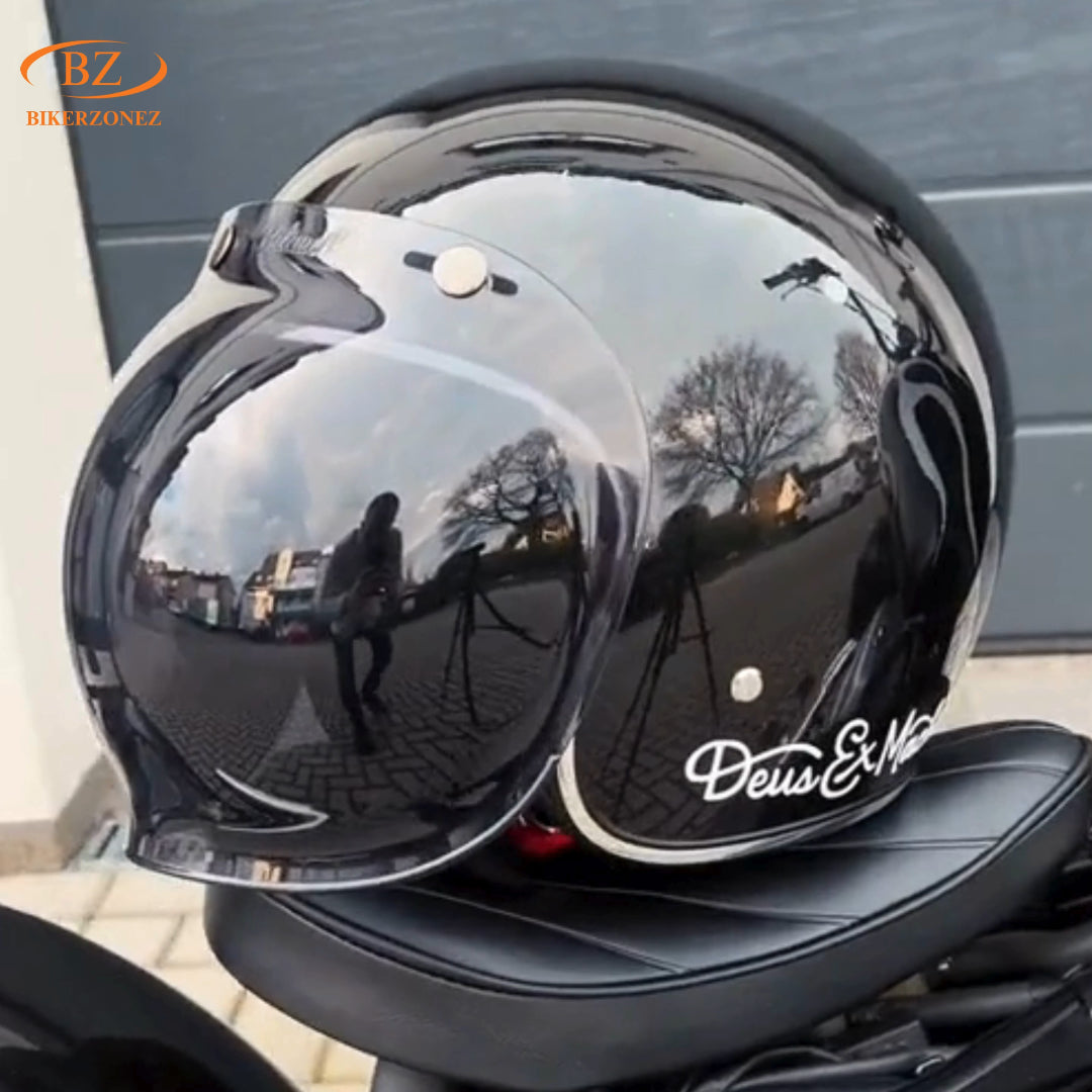 Retro bubble shield visor on glossy black motorcycle helmet by BikerZoneZ with Deus & Mo script on Tampa Home & Garden Store