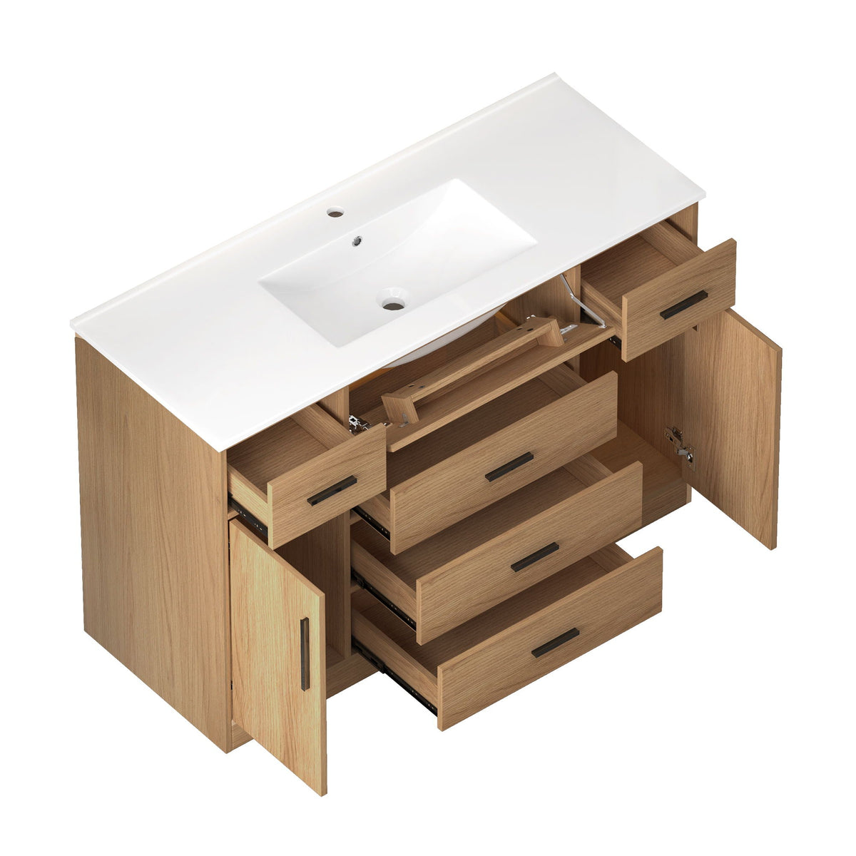Bathroom vanity with white countertop sink, natural wood cabinet and soft-close drawers on Tampa Home & Garden Store