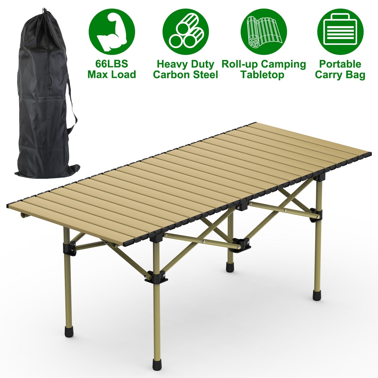 GemGear folding camping table with beige slats and carry bag, heavy-duty carbon steel frame on Tampa Home & Garden Store