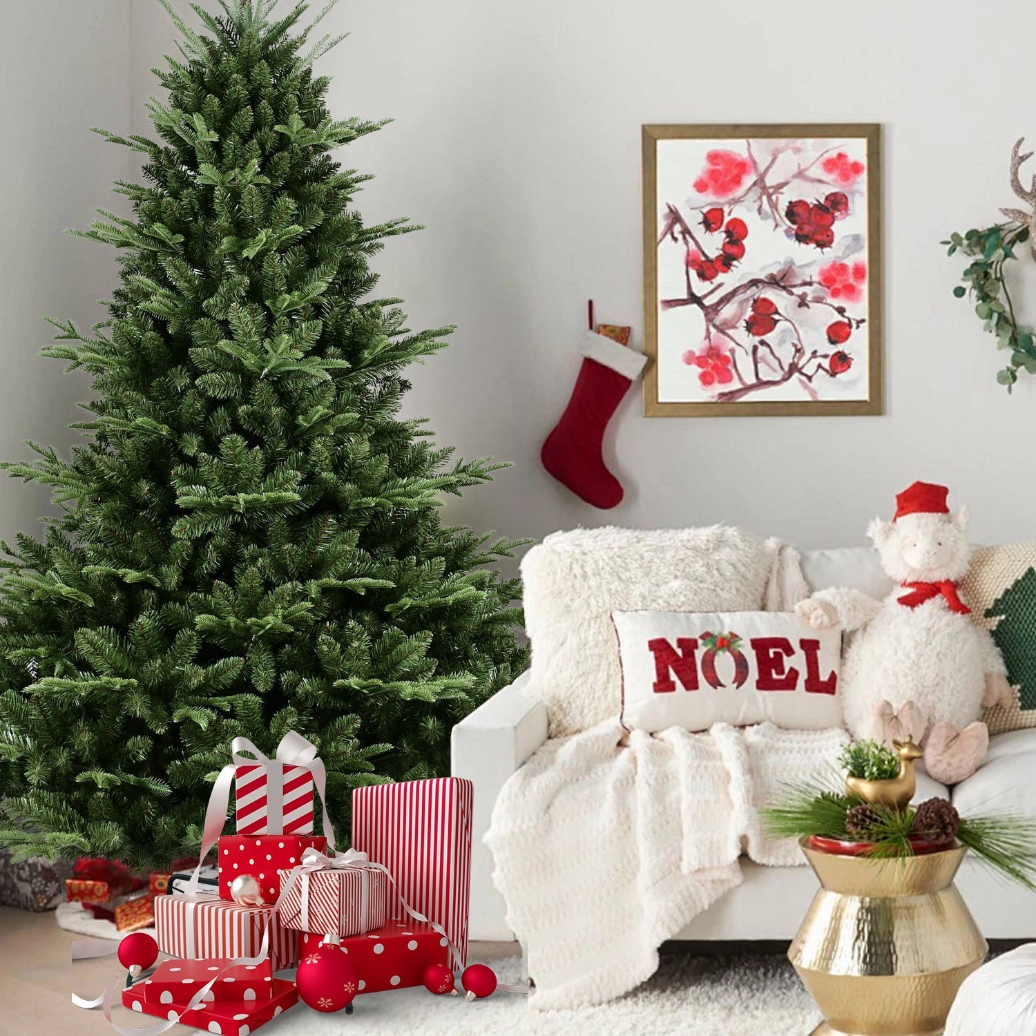 Full-Shaped 6 ft Christmas Tree with 1673 PE/PVC tips, lush dense branches in a cozy living room on Tampa Home & Garden Store