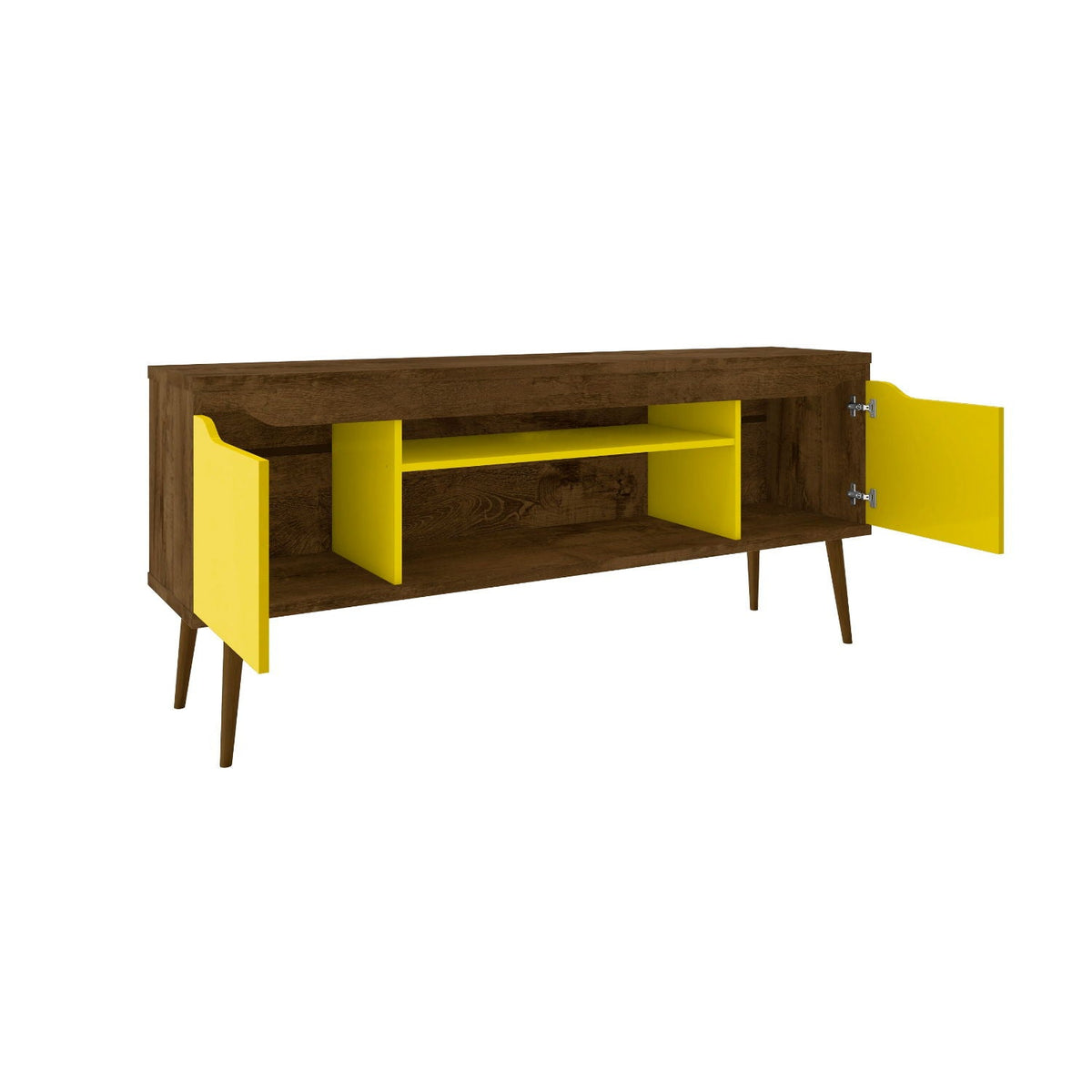 Modern Design TV Stand with Concealed Storage by HouseOfZazla in dark wood with yellow shelves on Tampa Home & Garden Store