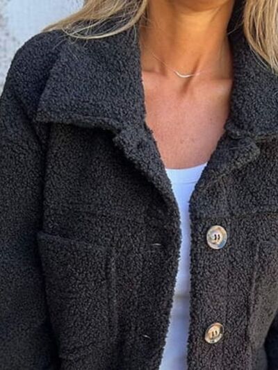 Stevvex fuzzy teddy jacket in black, button-up with drop-shoulder and front pockets on Tampa Home & Garden Store