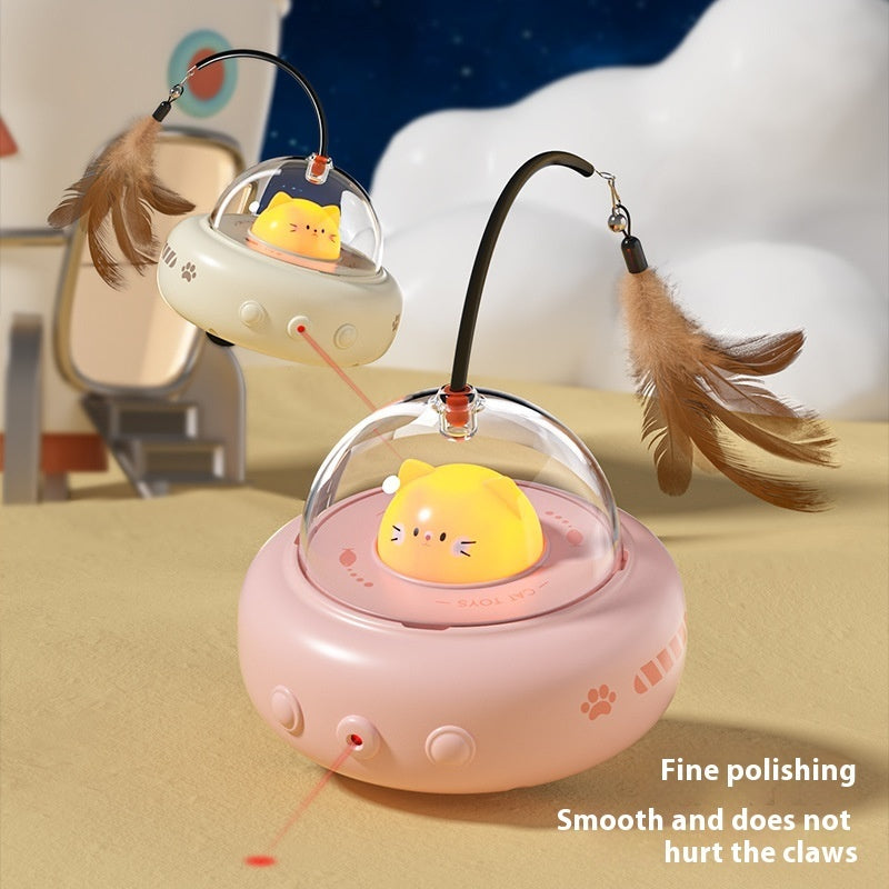 Smart Teaser Cat Toy set of 2 with pink and beige UFO bases, feather wands and bells on Tampa Home & Garden Store