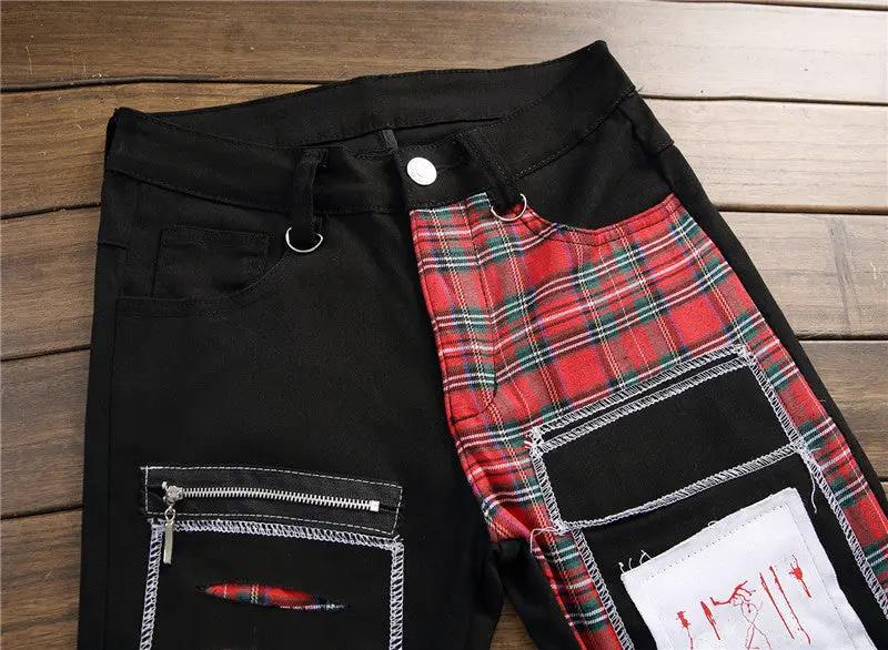 New FLIPSTYLEZLLC men's ripped patch jeans black with red plaid inner panel and white stitches on Tampa Home & Garden Store