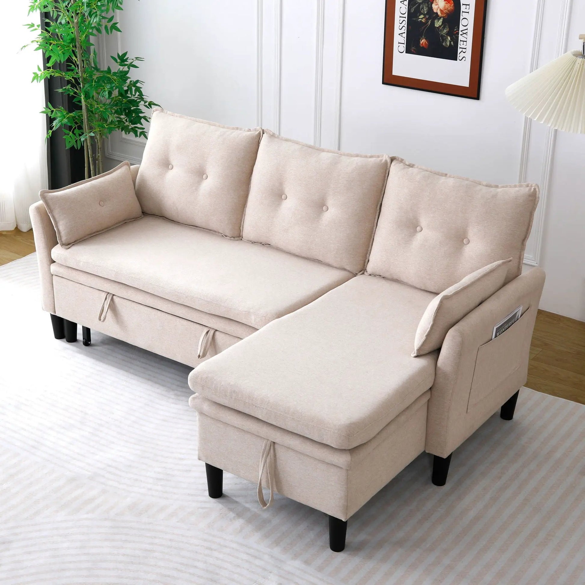 Beige fabric L-shaped reversible chaise sectional sofa with built-in storage, cozy cushions on Tampa Home & Garden Store