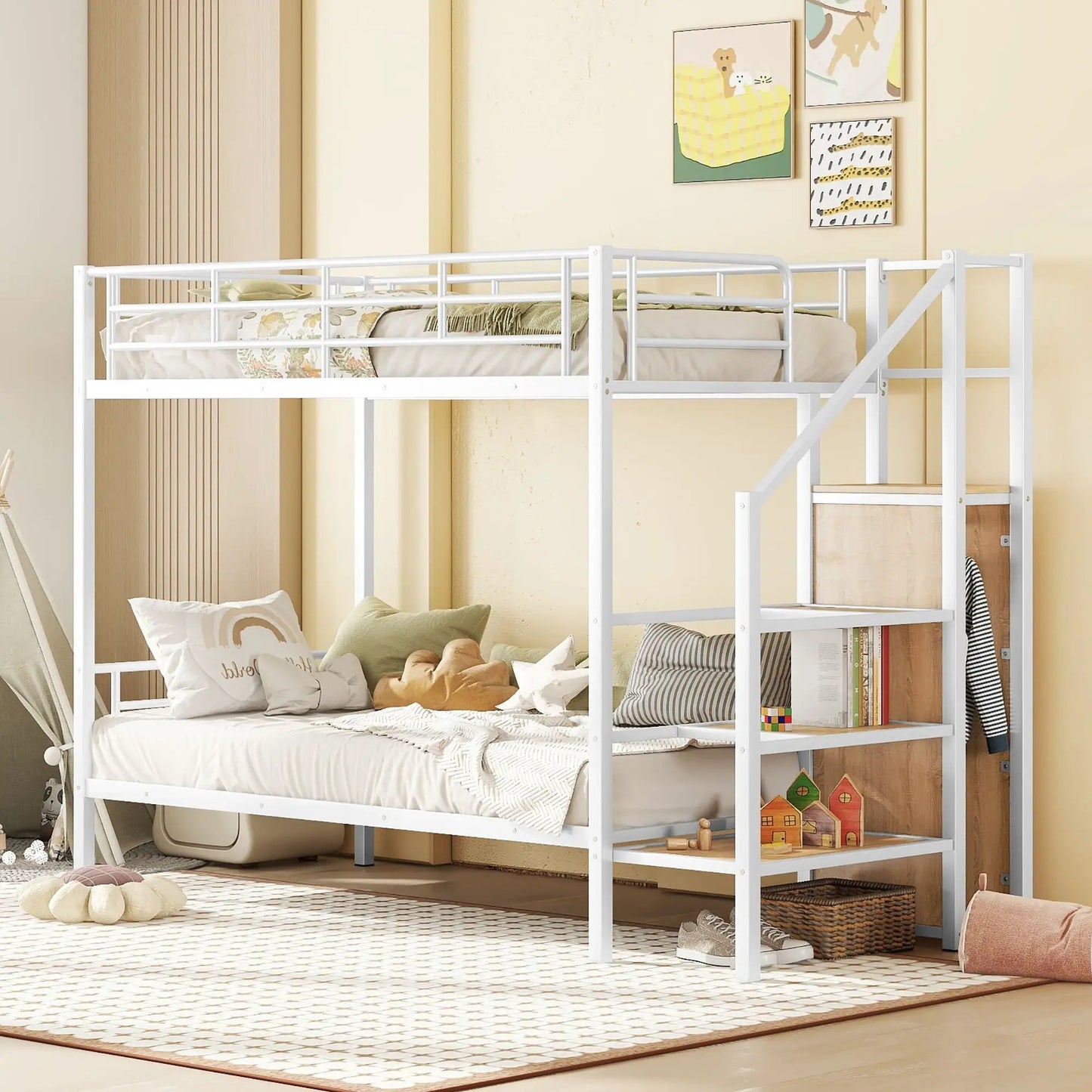 Bunk Bed With Lateral Storage Ladder and Wardrobe