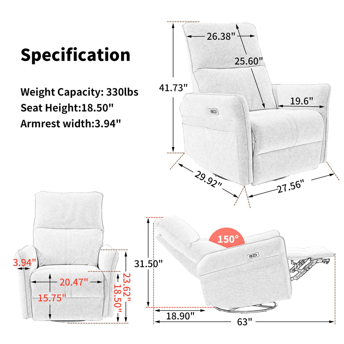 Power swivel rocker recliner chair for adults by HouseOfZazla with reclining and swivel features on Tampa Home & Garden Store