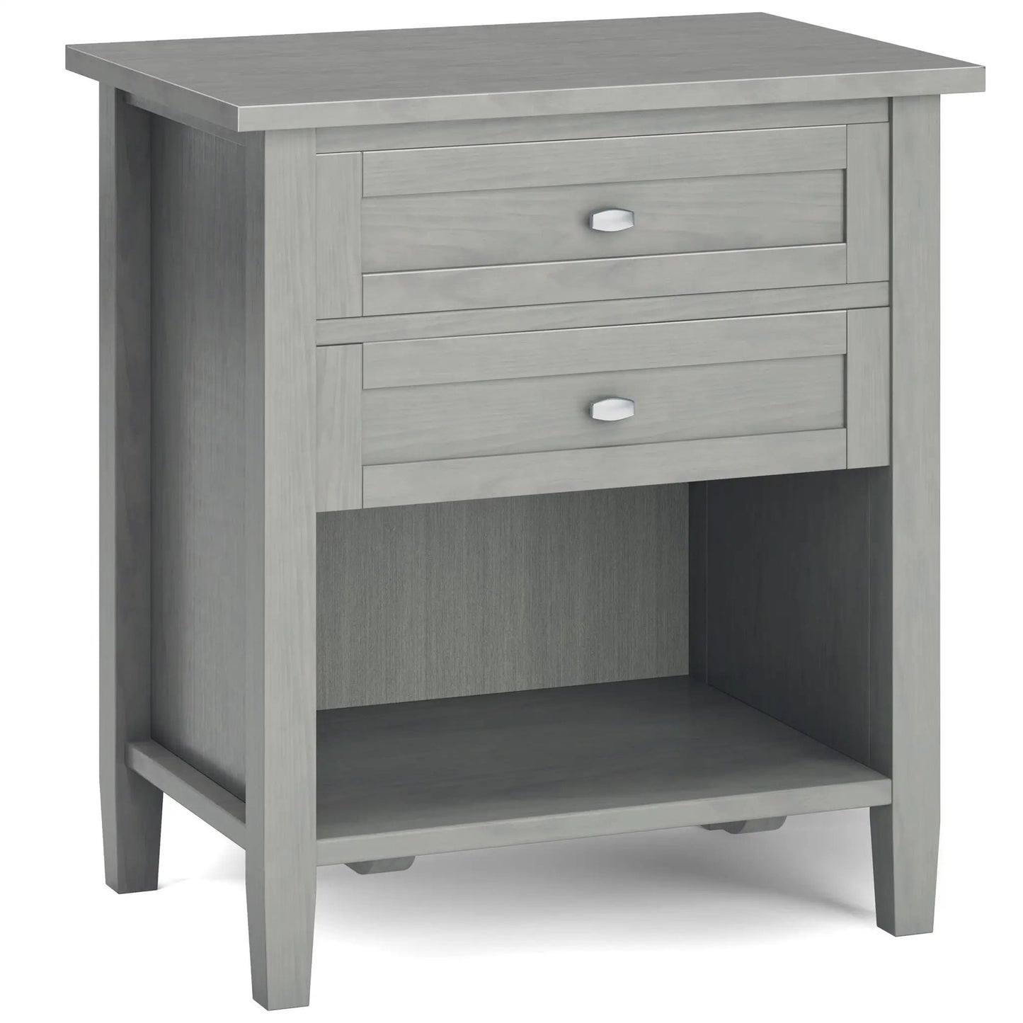 Warm Shaker bedside table, graywashed wood, multi-drawer with metal pulls on Tampa Home & Garden Store