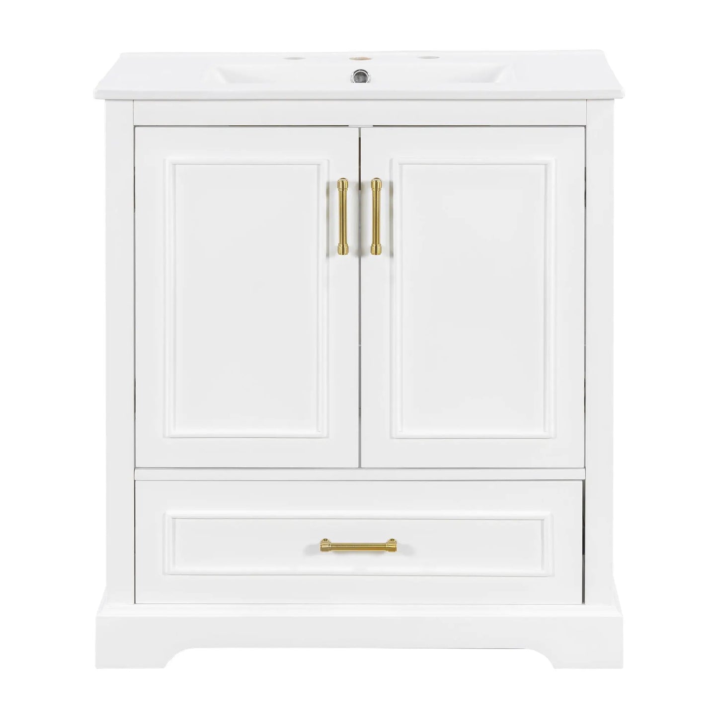 White vanity with sink, 1 divided drawer and 2 doors gold pulls by Unique Piece Furniture on Tampa Home & Garden Store