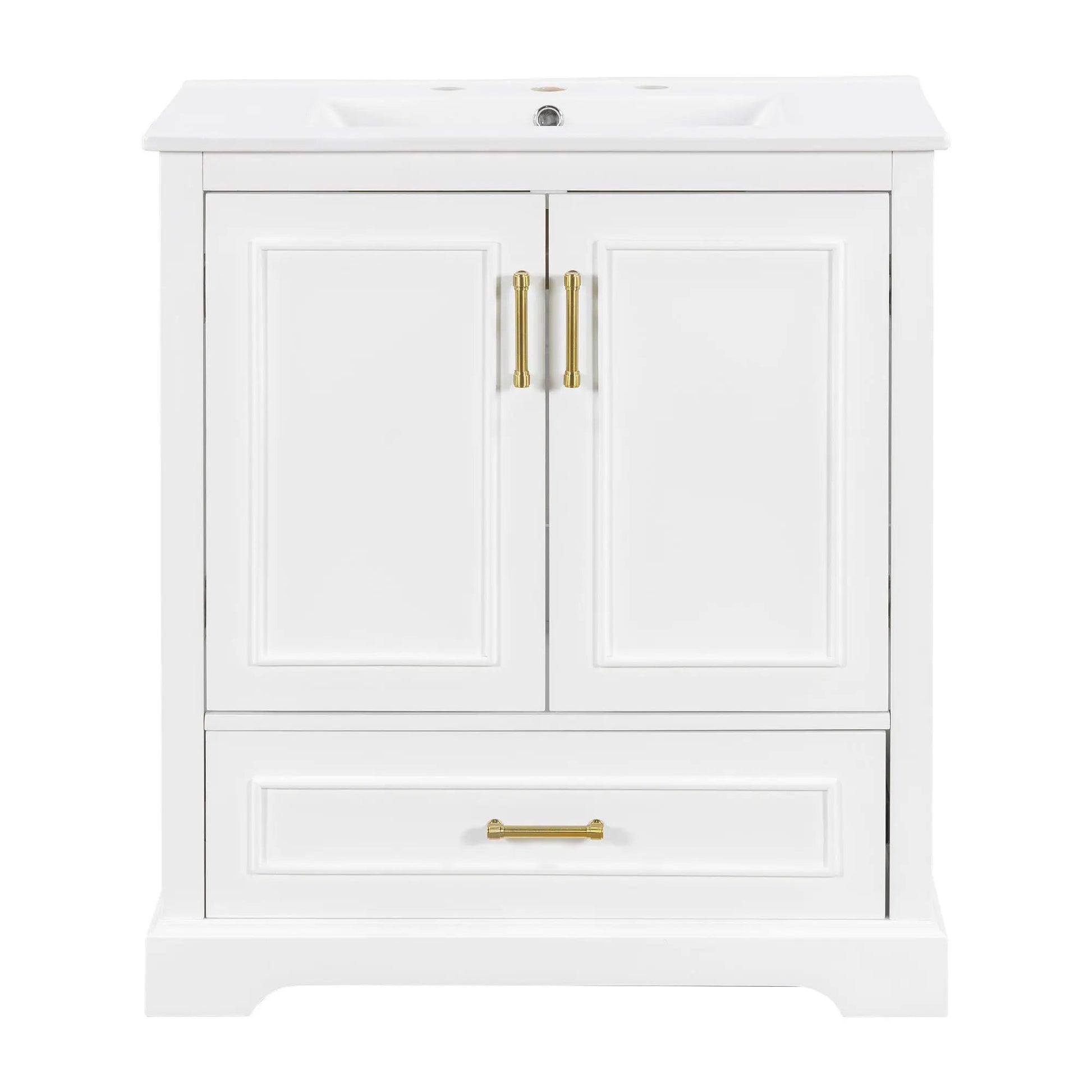 White vanity with sink, 1 divided drawer and 2 doors gold pulls by Unique Piece Furniture on Tampa Home & Garden Store