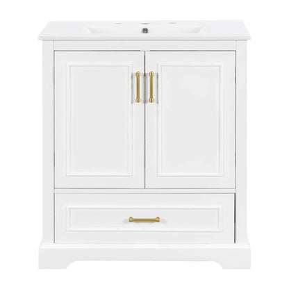 White vanity with sink, 1 divided drawer and 2 doors gold pulls by Unique Piece Furniture on Tampa Home & Garden Store