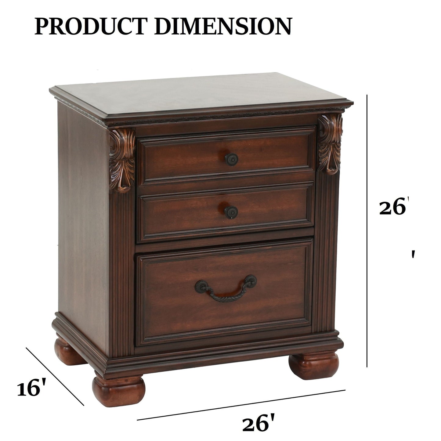 Nightstand in dark wood with ornate carved sides and two drawers with pulls HouseOfZazla on Tampa Home & Garden Store