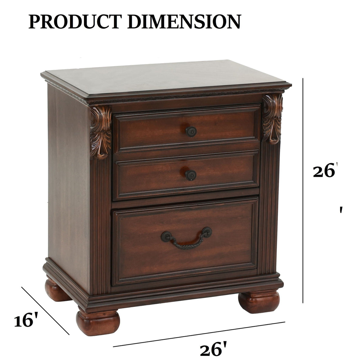 Nightstand in dark wood with ornate carved sides and two drawers with pulls HouseOfZazla on Tampa Home & Garden Store